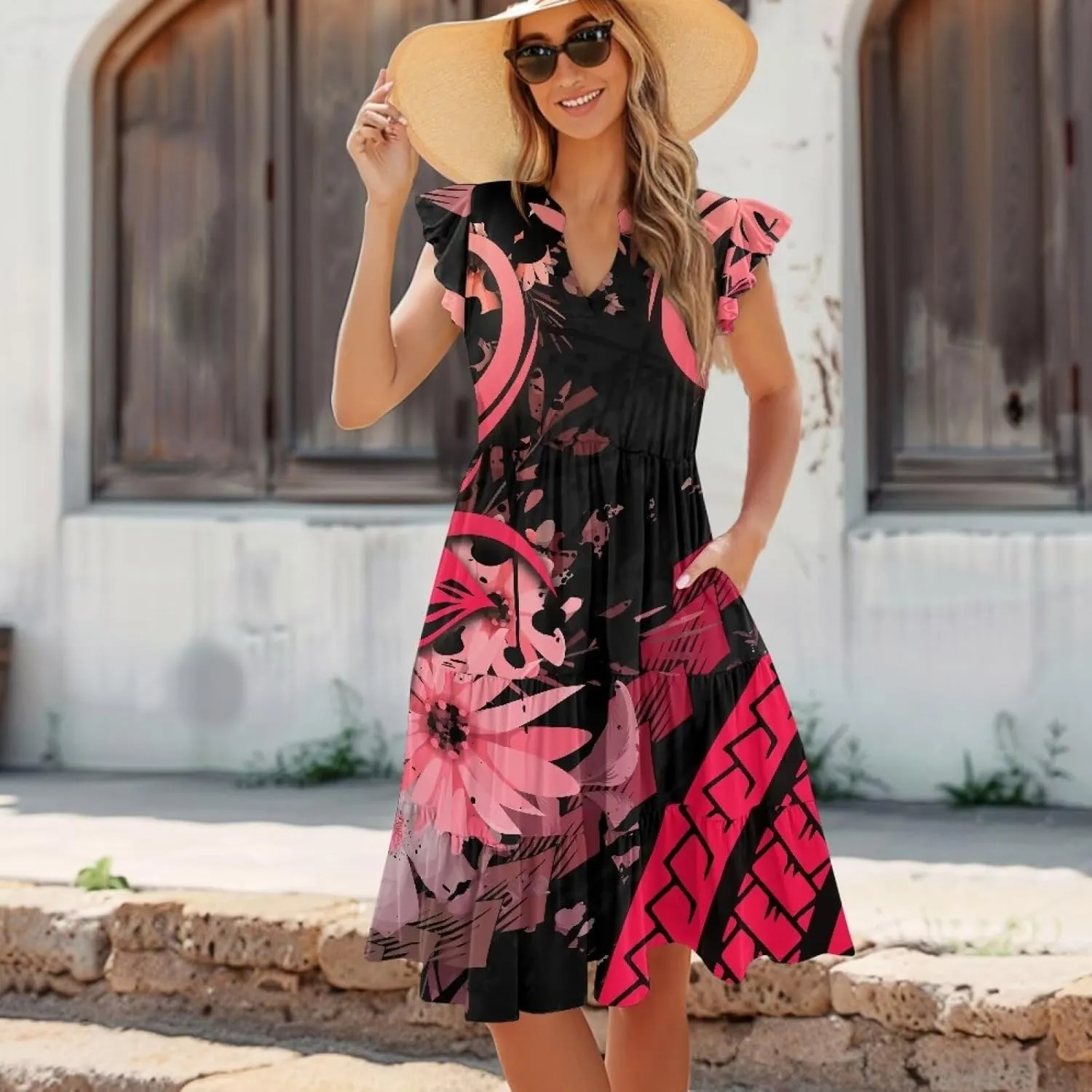 Jndtueit Floral Womens Plus Size Summer Dresses Ruffle Sleeve Tiered Swing Midi Dress V Neck Beach Flowy Dresses with Pockets