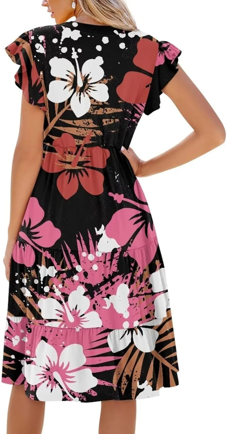 Jndtueit Floral Womens Plus Size Summer Dresses Ruffle Sleeve Tiered Swing Midi Dress V Neck Beach Flowy Dresses with Pockets