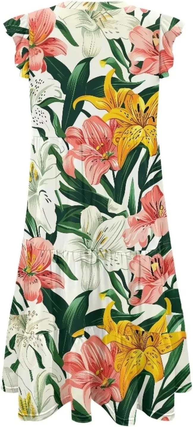 Jndtueit Floral Womens Plus Size Summer Dresses Ruffle Sleeve Tiered Swing Midi Dress V Neck Beach Flowy Dresses with Pockets