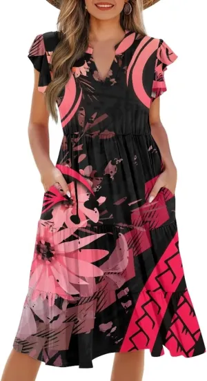 Jndtueit Floral Womens Plus Size Summer Dresses Ruffle Sleeve Tiered Swing Midi Dress V Neck Beach Flowy Dresses with Pockets