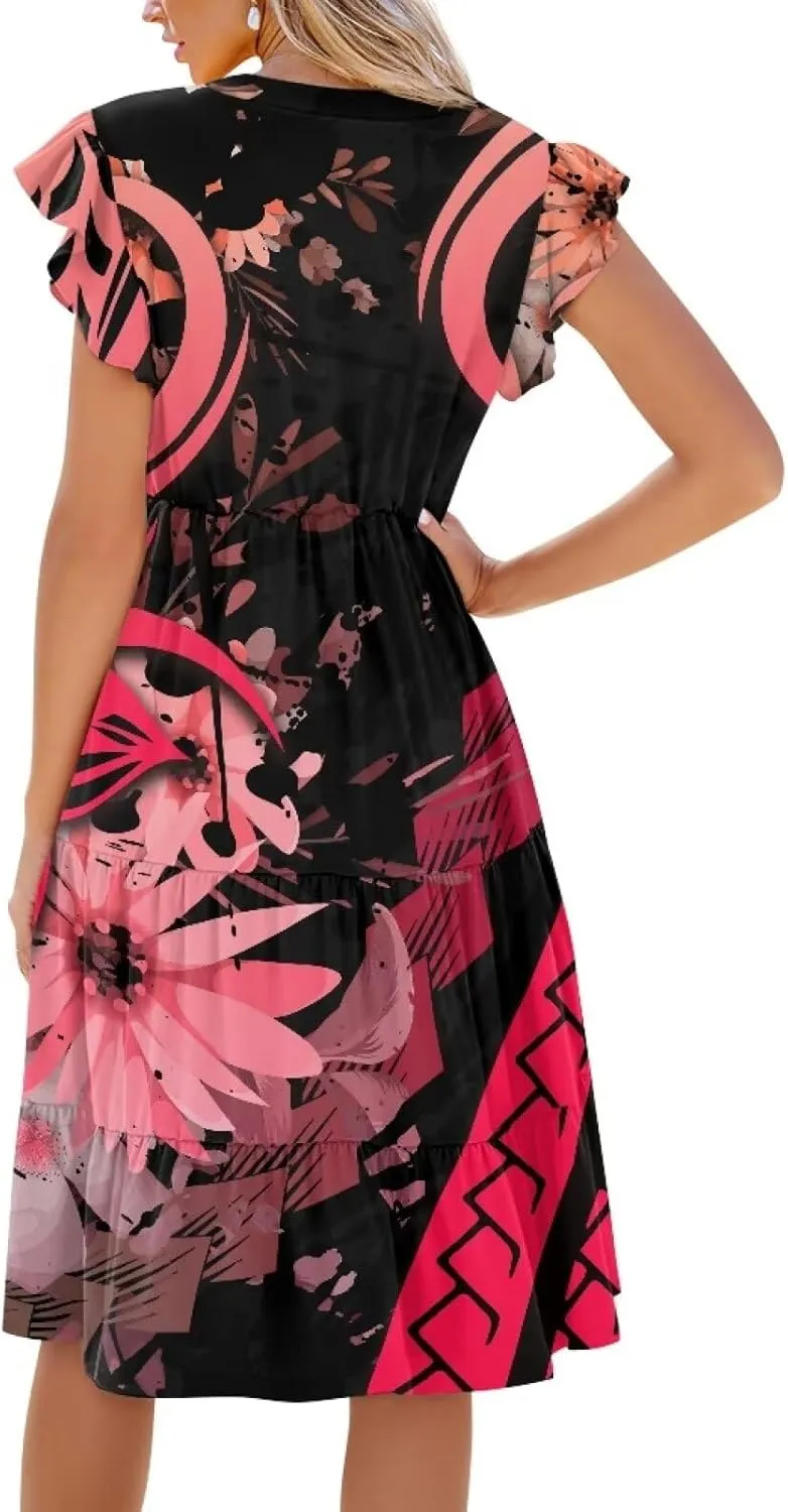 Jndtueit Floral Womens Plus Size Summer Dresses Ruffle Sleeve Tiered Swing Midi Dress V Neck Beach Flowy Dresses with Pockets