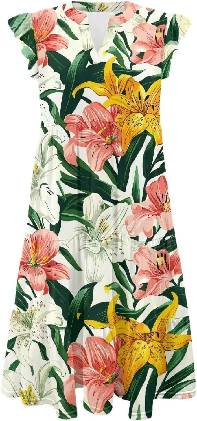 Jndtueit Floral Womens Plus Size Summer Dresses Ruffle Sleeve Tiered Swing Midi Dress V Neck Beach Flowy Dresses with Pockets