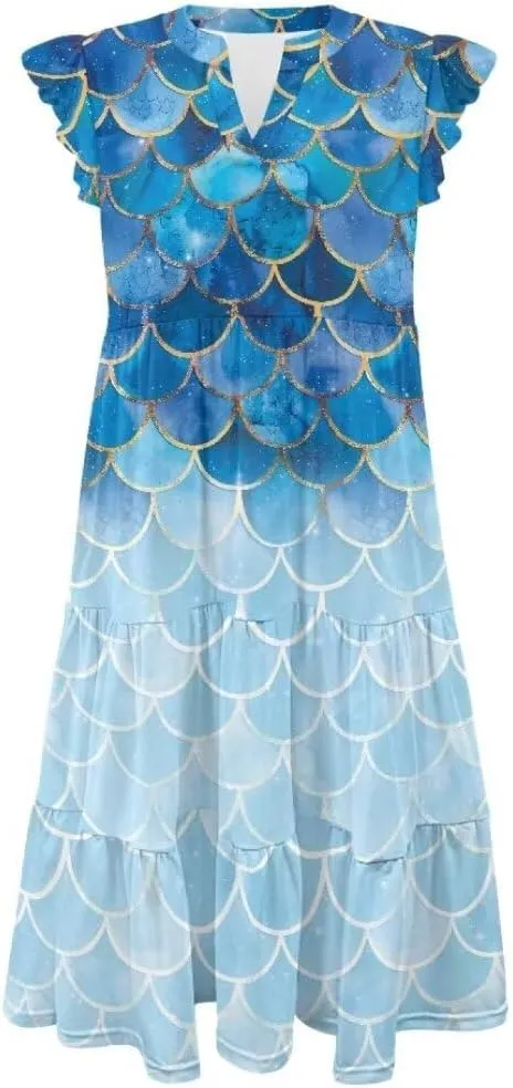 Jndtueit Women's Casual Dresses V-Neck Ruffle Side Pockets Sundress Flowy Summer Tiered Swing Dress A Line Beach Dresses