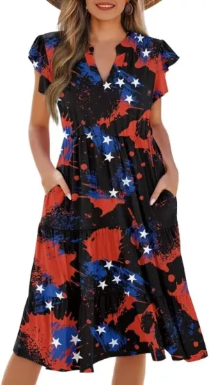 Jndtueit Women's Casual Dresses V-Neck Ruffle Side Pockets Sundress Flowy Summer Tiered Swing Dress A Line Beach Dresses