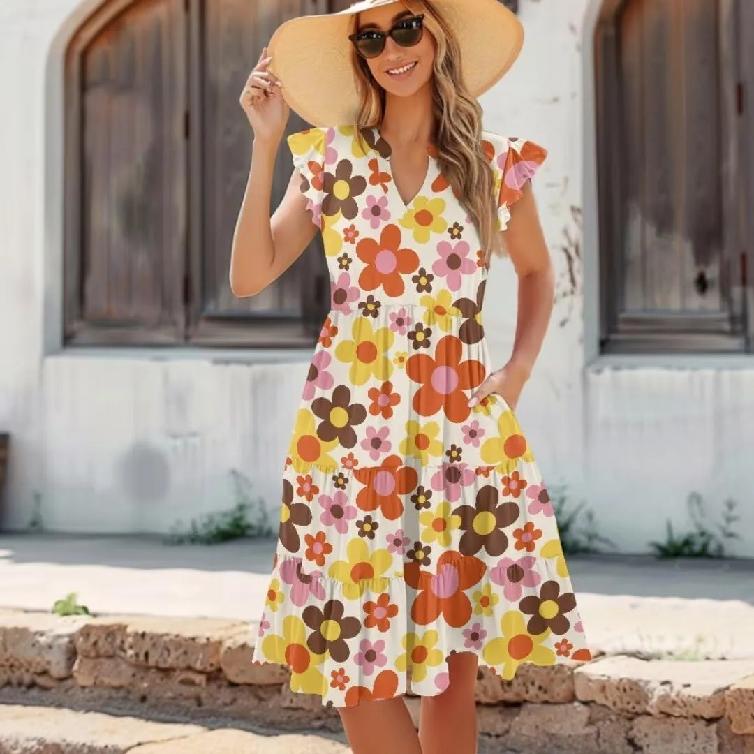 Jndtueit Women's Casual Dresses V-Neck Ruffle Side Pockets Sundress Flowy Summer Tiered Swing Dress A Line Beach Dresses