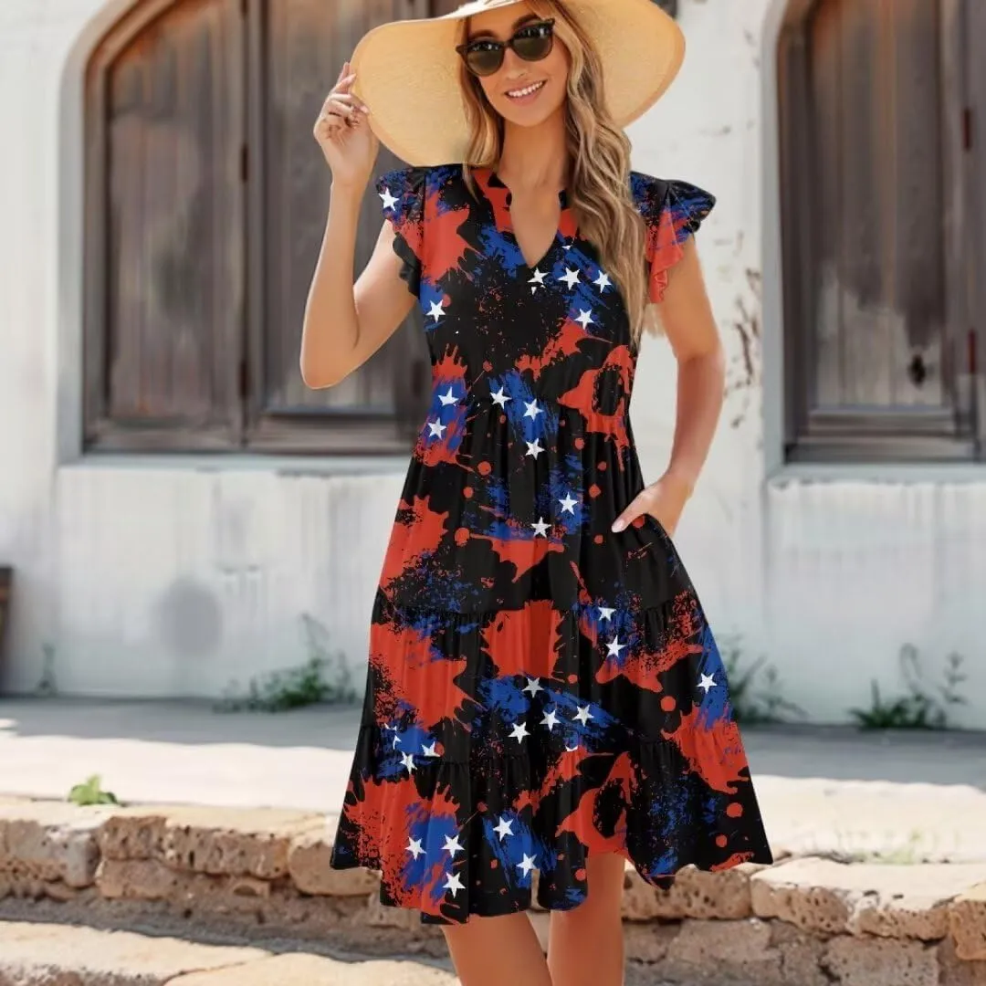 Jndtueit Women's Casual Dresses V-Neck Ruffle Side Pockets Sundress Flowy Summer Tiered Swing Dress A Line Beach Dresses
