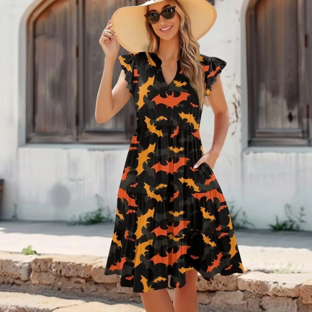 Jndtueit Women's Casual Dresses V-Neck Ruffle Side Pockets Sundress Flowy Summer Tiered Swing Dress A Line Beach Dresses