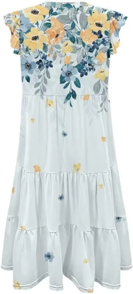 Jndtueit Women's Casual Dresses V-Neck Ruffle Side Pockets Sundress Flowy Summer Tiered Swing Dress A Line Beach Dresses