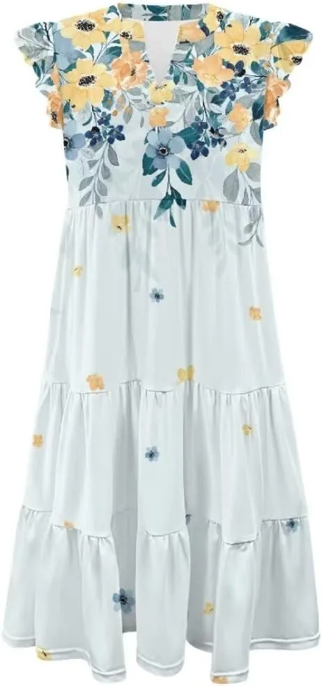 Jndtueit Women's Casual Dresses V-Neck Ruffle Side Pockets Sundress Flowy Summer Tiered Swing Dress A Line Beach Dresses