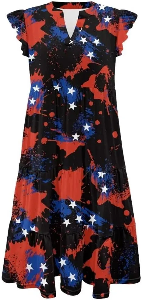 Jndtueit Women's Casual Dresses V-Neck Ruffle Side Pockets Sundress Flowy Summer Tiered Swing Dress A Line Beach Dresses