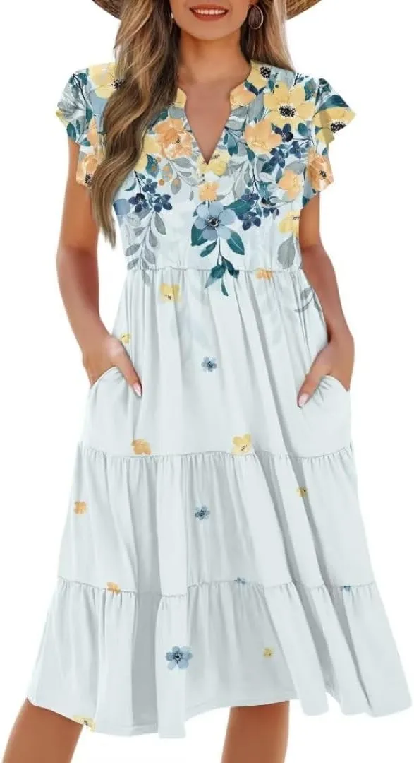 Jndtueit Women's Casual Dresses V-Neck Ruffle Side Pockets Sundress Flowy Summer Tiered Swing Dress A Line Beach Dresses