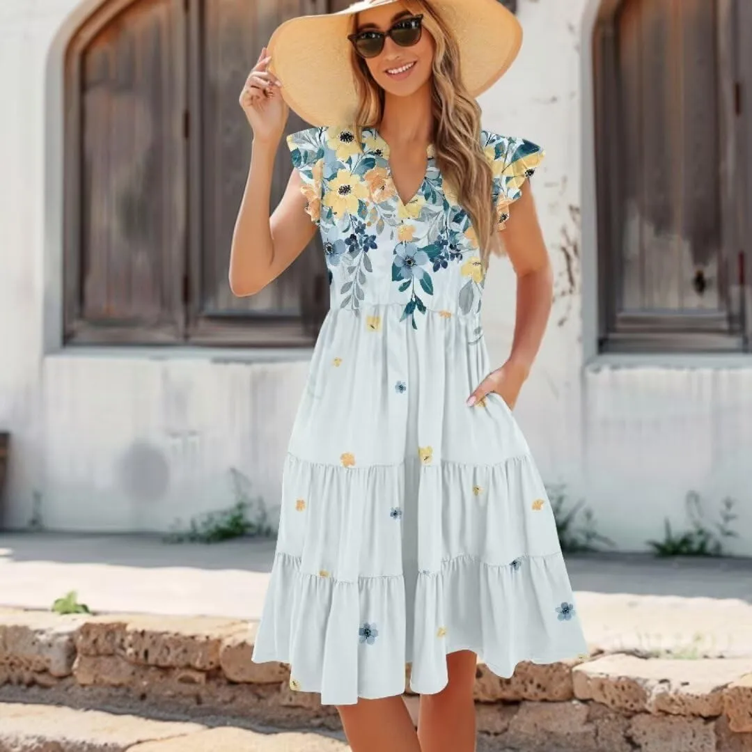 Jndtueit Women's Casual Dresses V-Neck Ruffle Side Pockets Sundress Flowy Summer Tiered Swing Dress A Line Beach Dresses