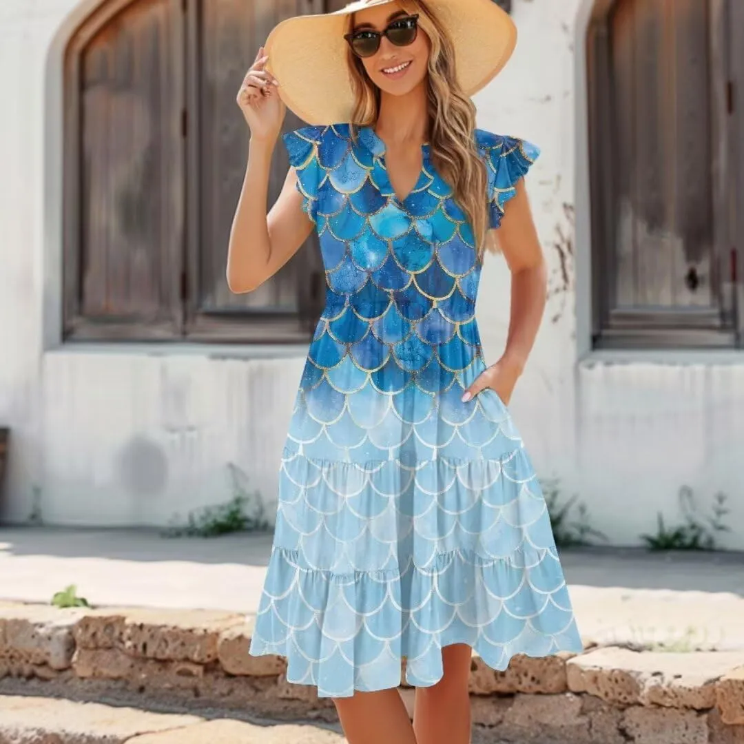 Jndtueit Women's Casual Dresses V-Neck Ruffle Side Pockets Sundress Flowy Summer Tiered Swing Dress A Line Beach Dresses