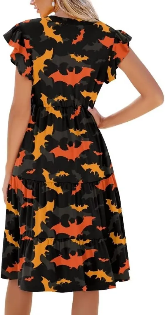 Jndtueit Women's Casual Dresses V-Neck Ruffle Side Pockets Sundress Flowy Summer Tiered Swing Dress A Line Beach Dresses