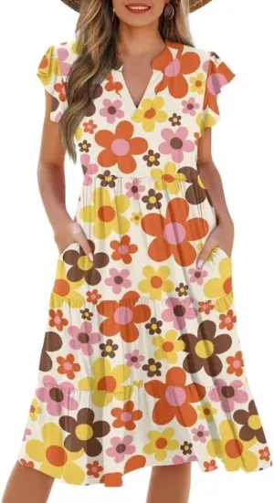 Jndtueit Women's Casual Dresses V-Neck Ruffle Side Pockets Sundress Flowy Summer Tiered Swing Dress A Line Beach Dresses