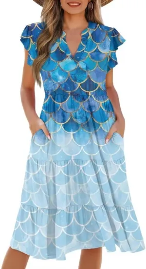 Jndtueit Women's Casual Dresses V-Neck Ruffle Side Pockets Sundress Flowy Summer Tiered Swing Dress A Line Beach Dresses