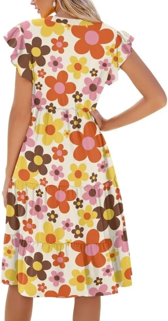 Jndtueit Women's Casual Dresses V-Neck Ruffle Side Pockets Sundress Flowy Summer Tiered Swing Dress A Line Beach Dresses