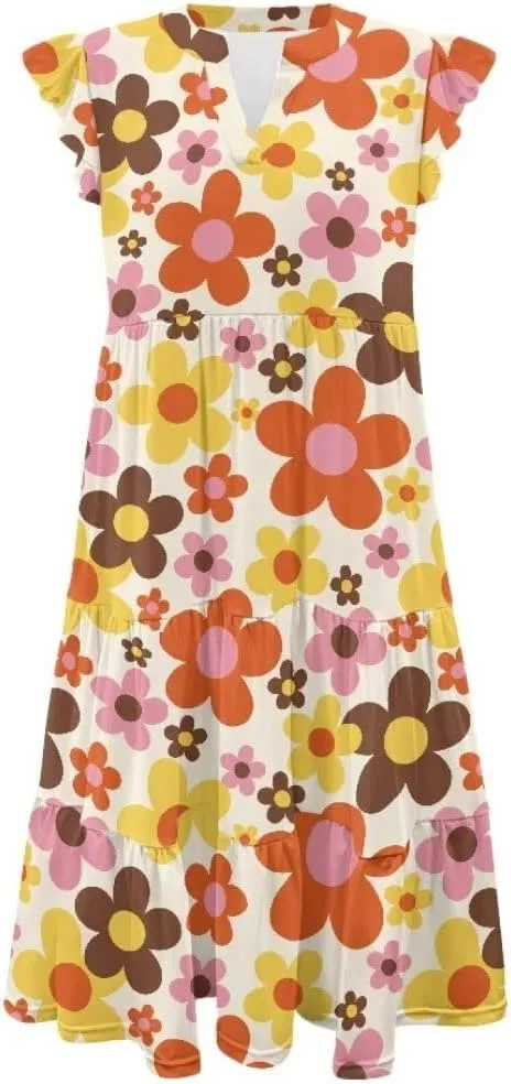 Jndtueit Women's Casual Dresses V-Neck Ruffle Side Pockets Sundress Flowy Summer Tiered Swing Dress A Line Beach Dresses