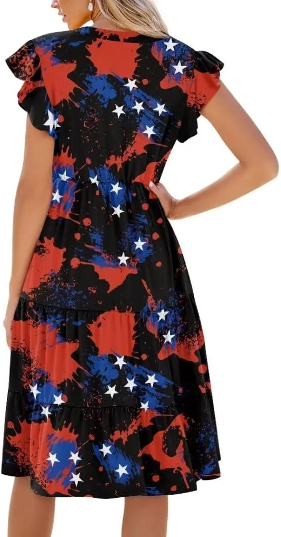 Jndtueit Women's Casual Dresses V-Neck Ruffle Side Pockets Sundress Flowy Summer Tiered Swing Dress A Line Beach Dresses