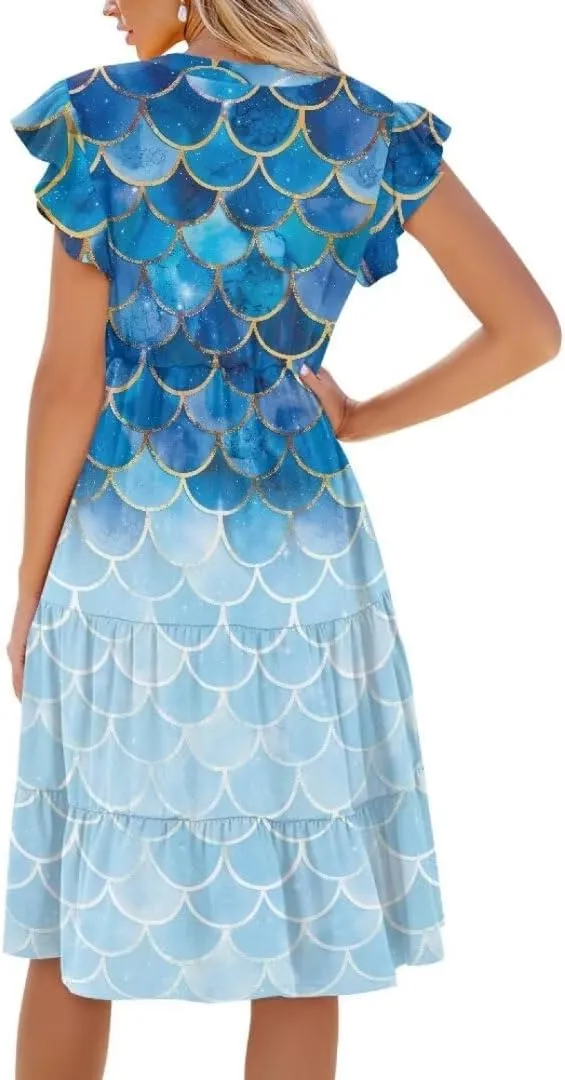 Jndtueit Women's Casual Dresses V-Neck Ruffle Side Pockets Sundress Flowy Summer Tiered Swing Dress A Line Beach Dresses