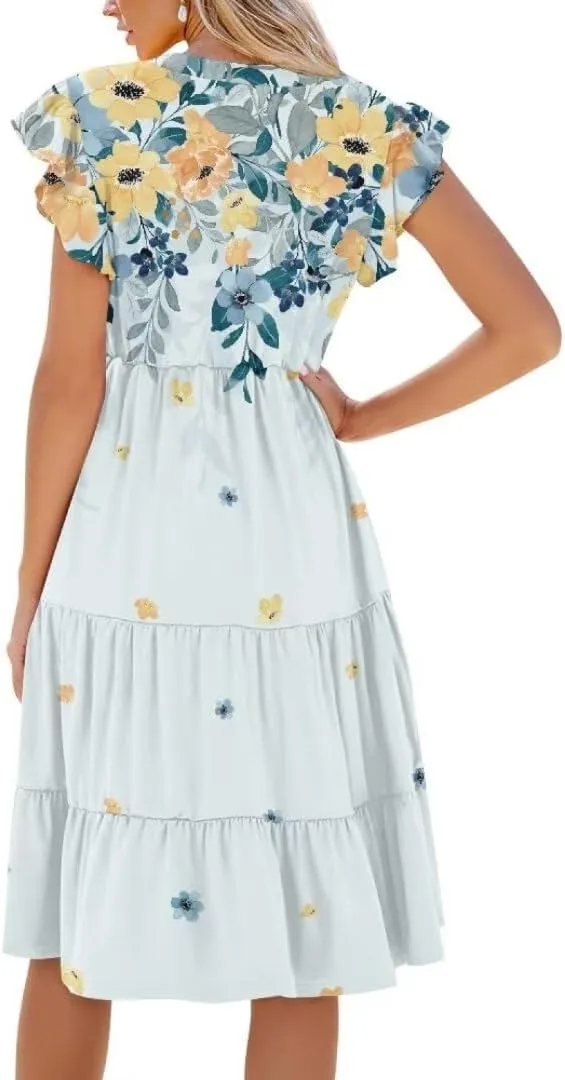 Jndtueit Women's Casual Dresses V-Neck Ruffle Side Pockets Sundress Flowy Summer Tiered Swing Dress A Line Beach Dresses