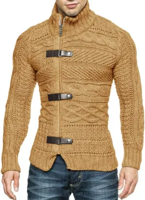 Karlywindow Men's Cable Knitted Oplique Zip Button Front Long Sleeve Cardigan Sweater
