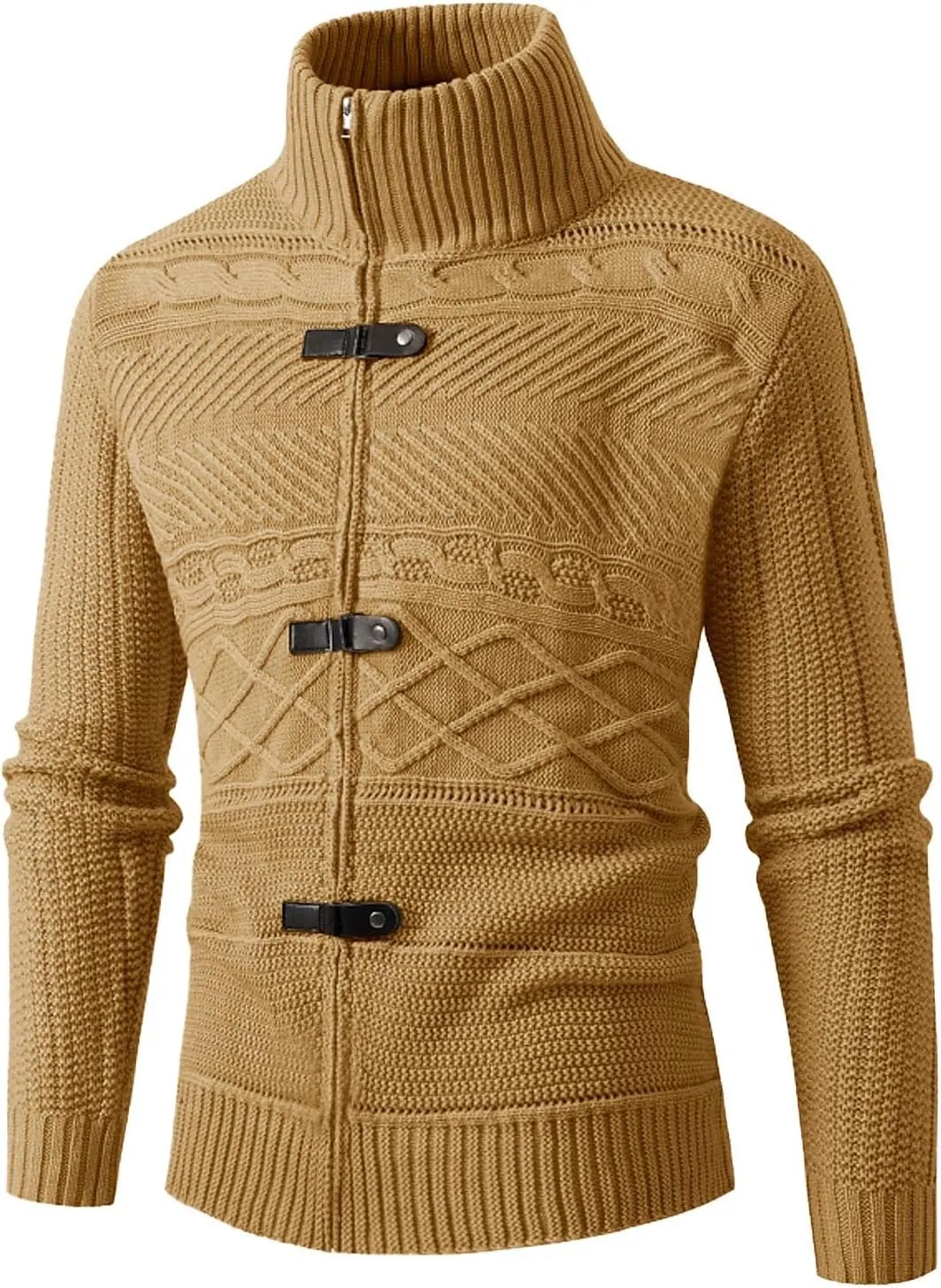 Karlywindow Men's Cable Knitted Oplique Zip Button Front Long Sleeve Cardigan Sweater