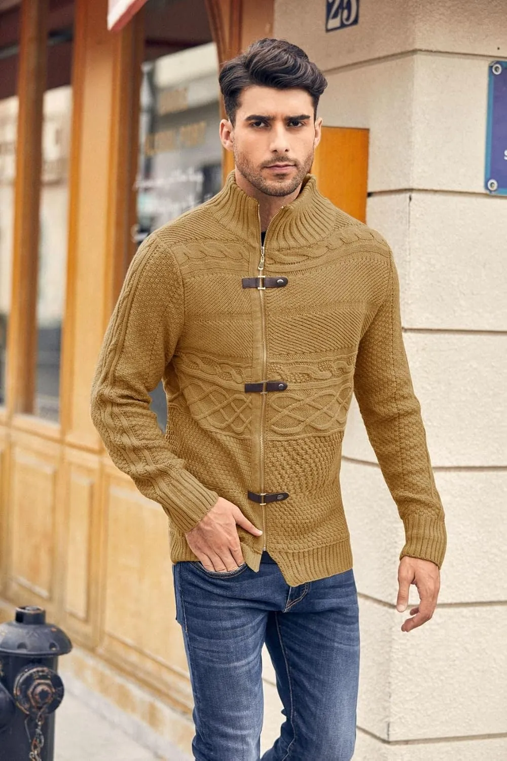 Karlywindow Men's Cable Knitted Oplique Zip Button Front Long Sleeve Cardigan Sweater