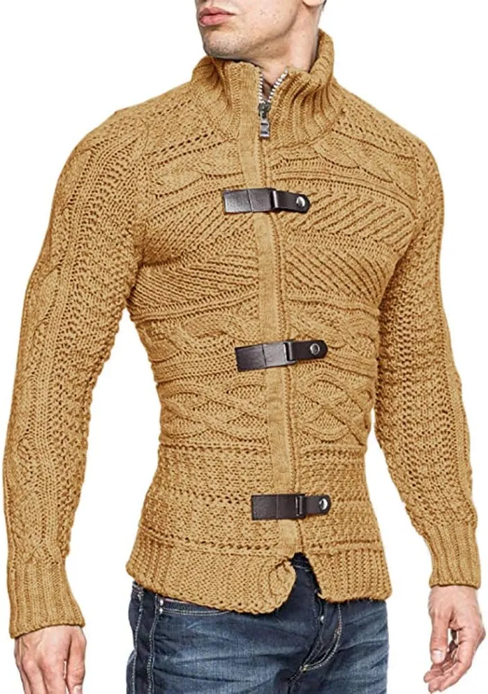 Karlywindow Men's Cable Knitted Oplique Zip Button Front Long Sleeve Cardigan Sweater