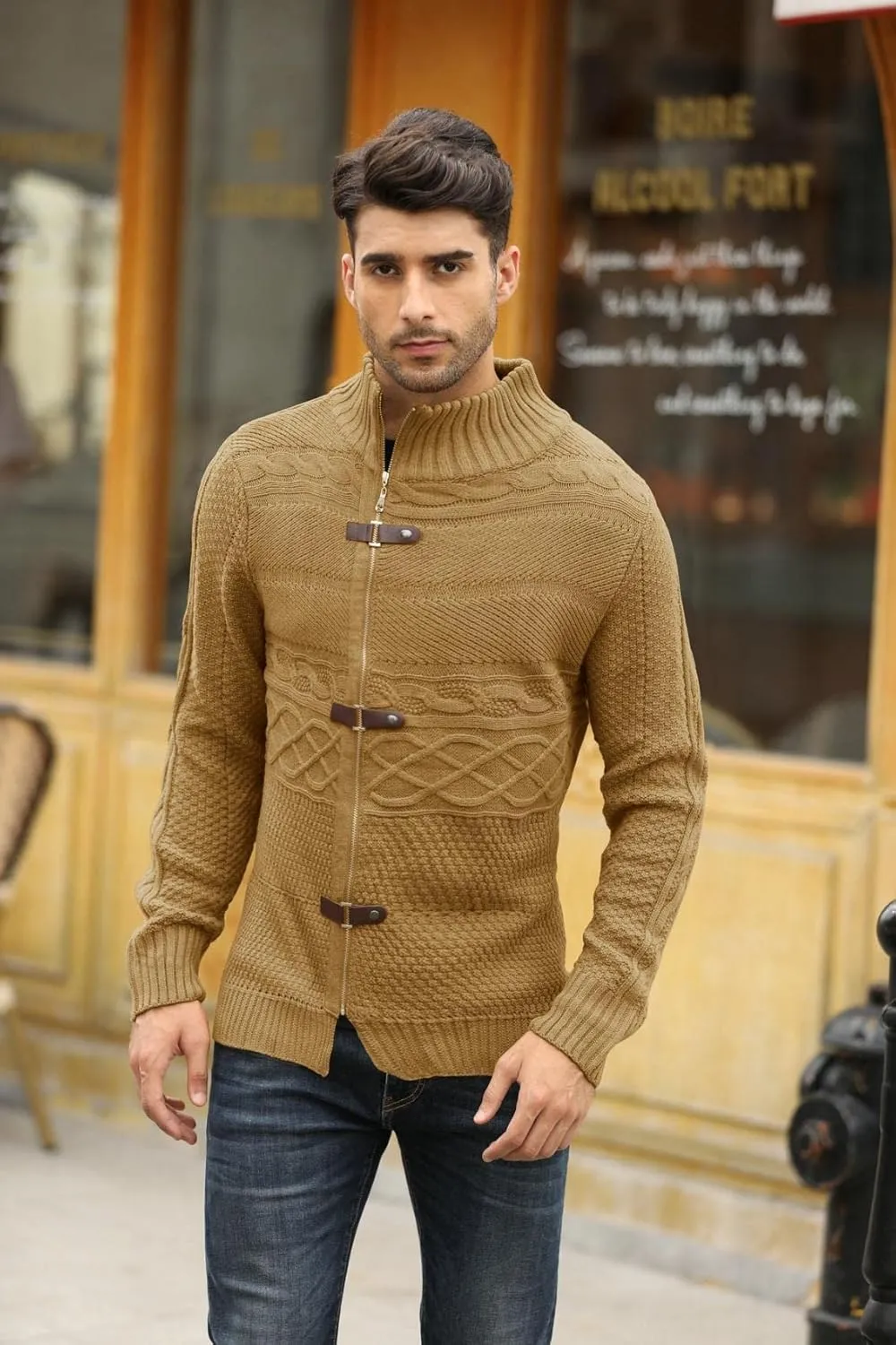 Karlywindow Men's Cable Knitted Oplique Zip Button Front Long Sleeve Cardigan Sweater