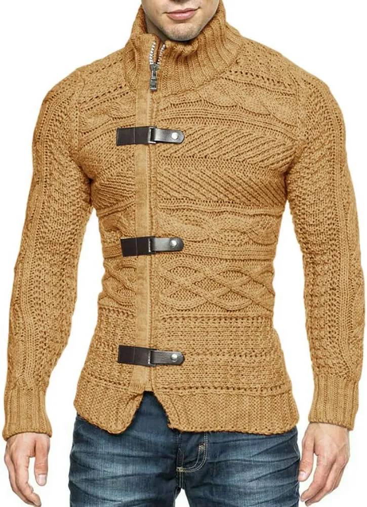 Karlywindow Men's Cable Knitted Oplique Zip Button Front Long Sleeve Cardigan Sweater