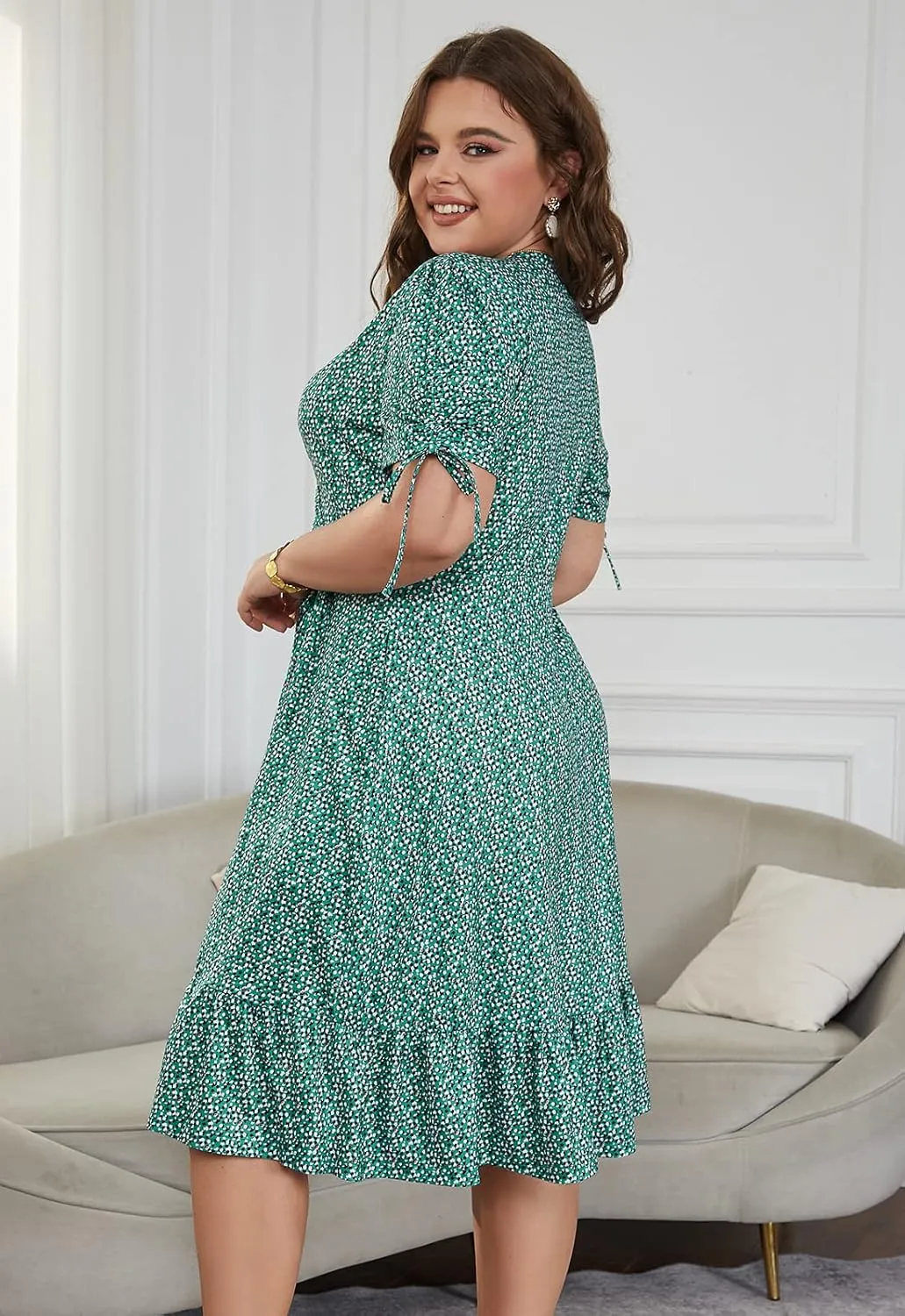 Keluummi Plus Size Summer Midi Dresses for Curvy Women, Casual Floral Dress with V-Neck, Empire Waist, and Pockets