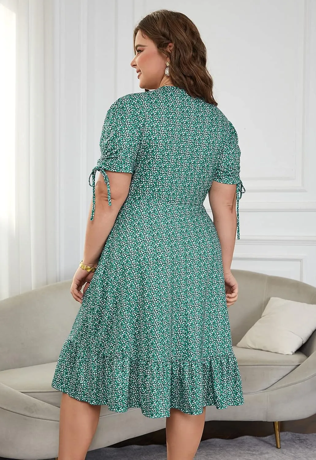 Keluummi Plus Size Summer Midi Dresses for Curvy Women, Casual Floral Dress with V-Neck, Empire Waist, and Pockets