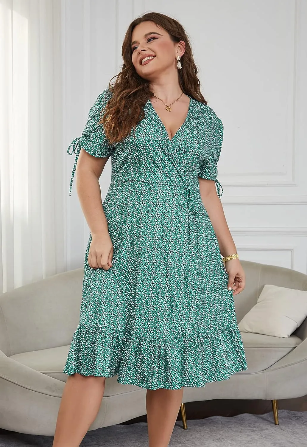 Keluummi Plus Size Summer Midi Dresses for Curvy Women, Casual Floral Dress with V-Neck, Empire Waist, and Pockets