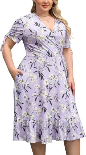 Keluummi Plus Size Summer Midi Dresses for Curvy Women, Casual Floral Dress with V-Neck, Empire Waist, and Pockets