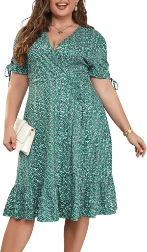 Keluummi Plus Size Summer Midi Dresses for Curvy Women, Casual Floral Dress with V-Neck, Empire Waist, and Pockets