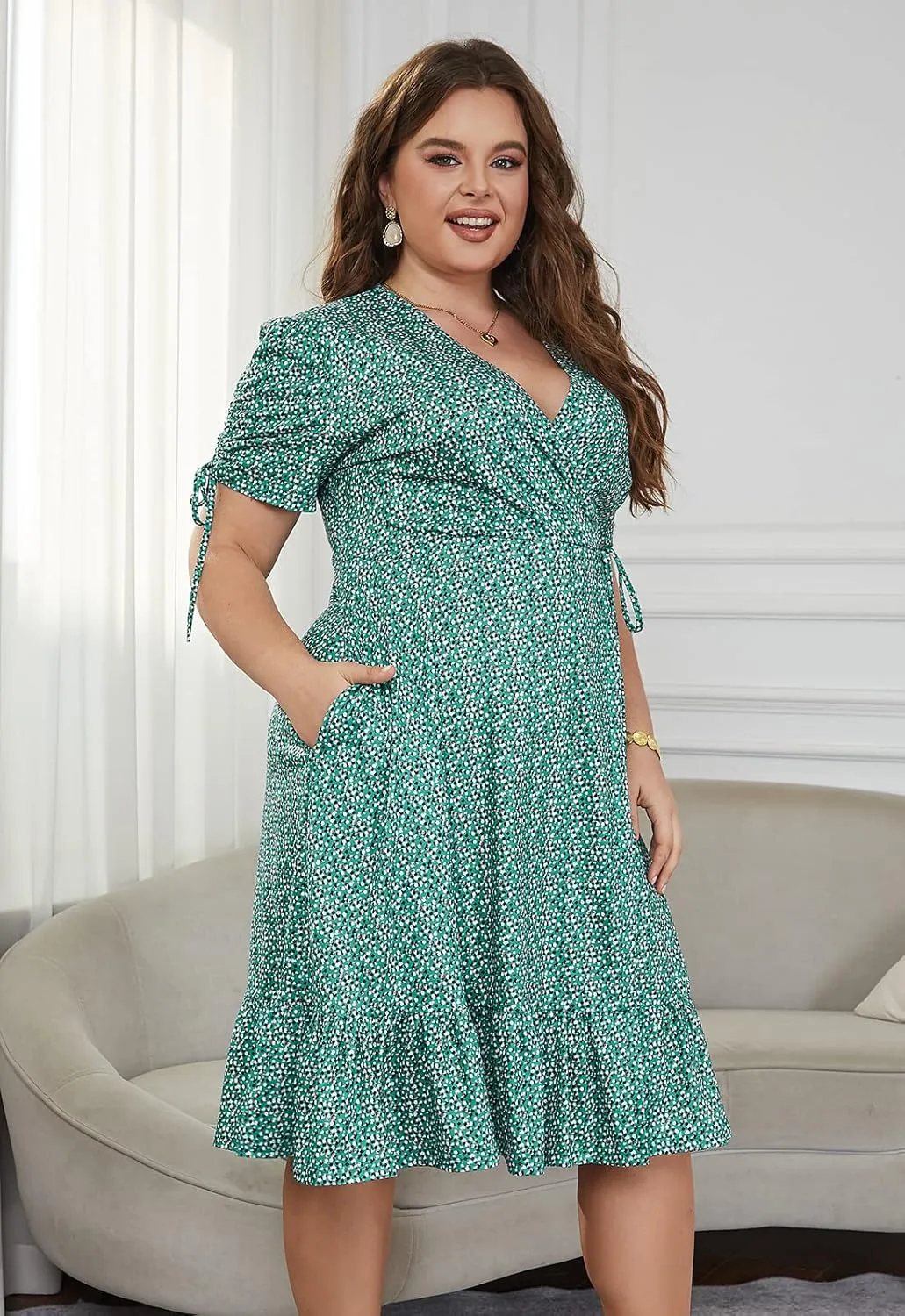 Keluummi Plus Size Summer Midi Dresses for Curvy Women, Casual Floral Dress with V-Neck, Empire Waist, and Pockets