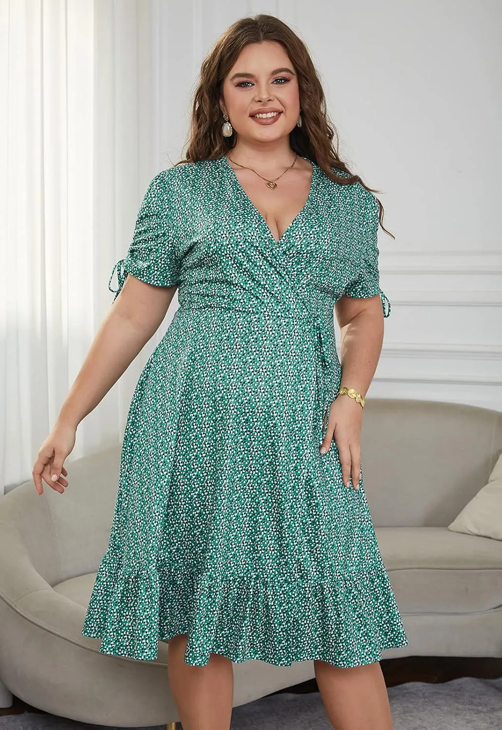 Keluummi Plus Size Summer Midi Dresses for Curvy Women, Casual Floral Dress with V-Neck, Empire Waist, and Pockets