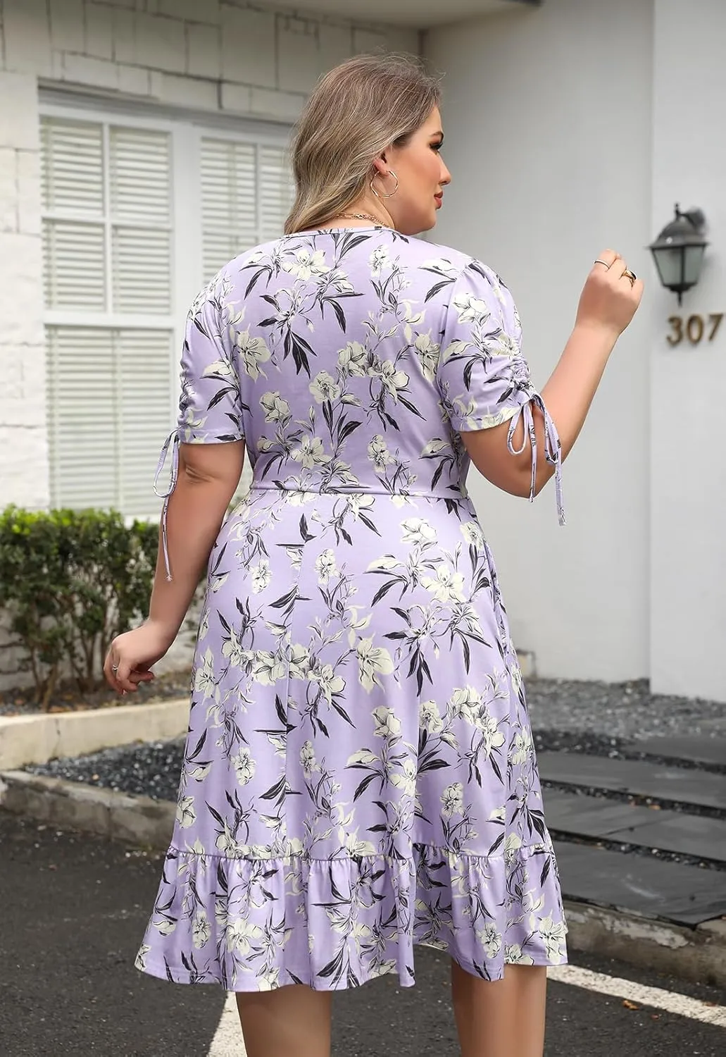 Keluummi Plus Size Summer Midi Dresses for Curvy Women, Casual Floral Dress with V-Neck, Empire Waist, and Pockets