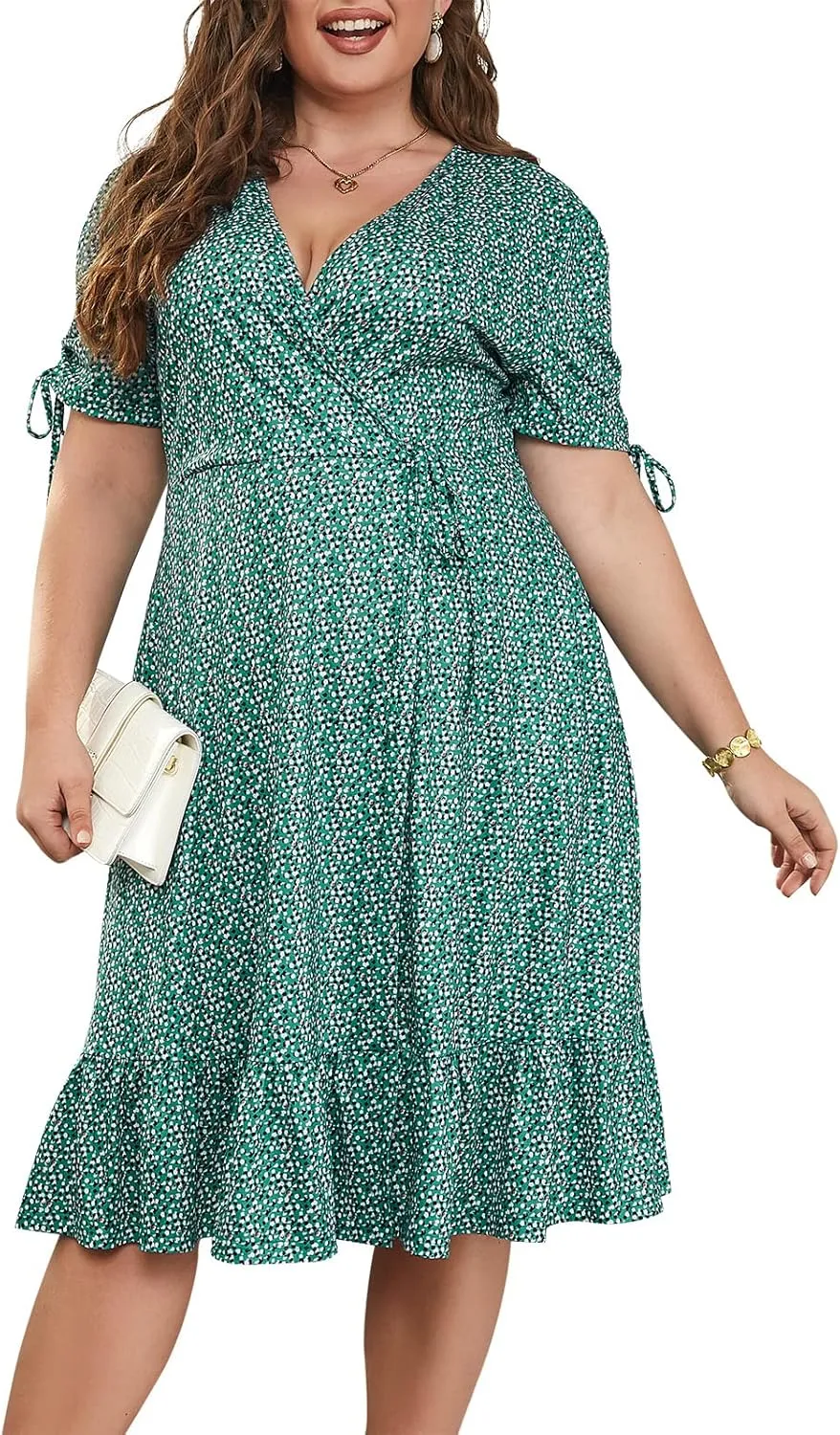 Keluummi Plus Size Summer Midi Dresses for Curvy Women, Casual Floral Dress with V-Neck, Empire Waist, and Pockets