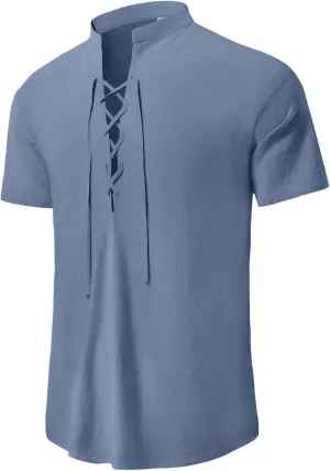 KUYIGO Men's Cotton Linen Shirt Pirate Vintage Short Sleeve Lace Up Renaissance Costume Beach Top