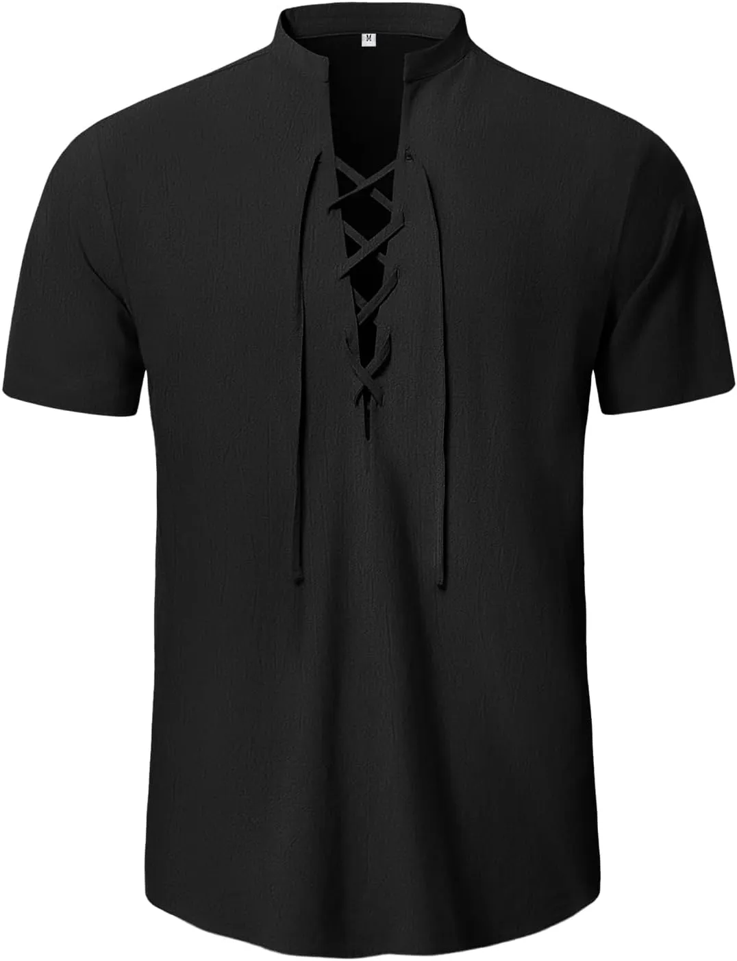 KUYIGO Men's Cotton Linen Shirt Pirate Vintage Short Sleeve Lace Up Renaissance Costume Beach Top