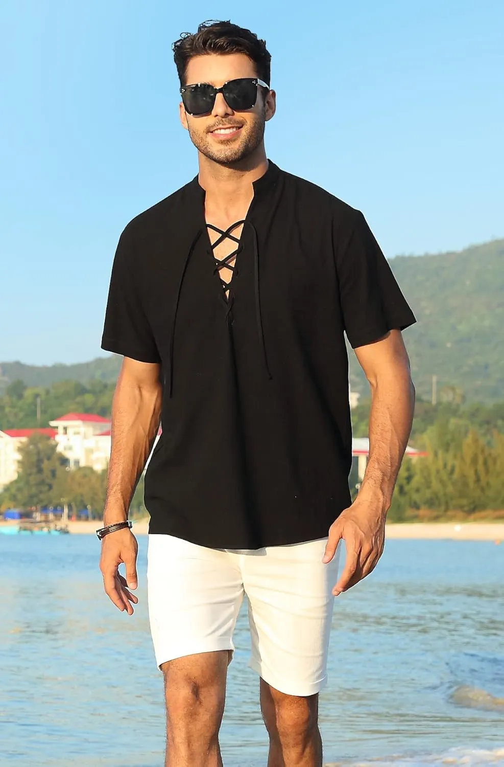 KUYIGO Men's Cotton Linen Shirt Pirate Vintage Short Sleeve Lace Up Renaissance Costume Beach Top