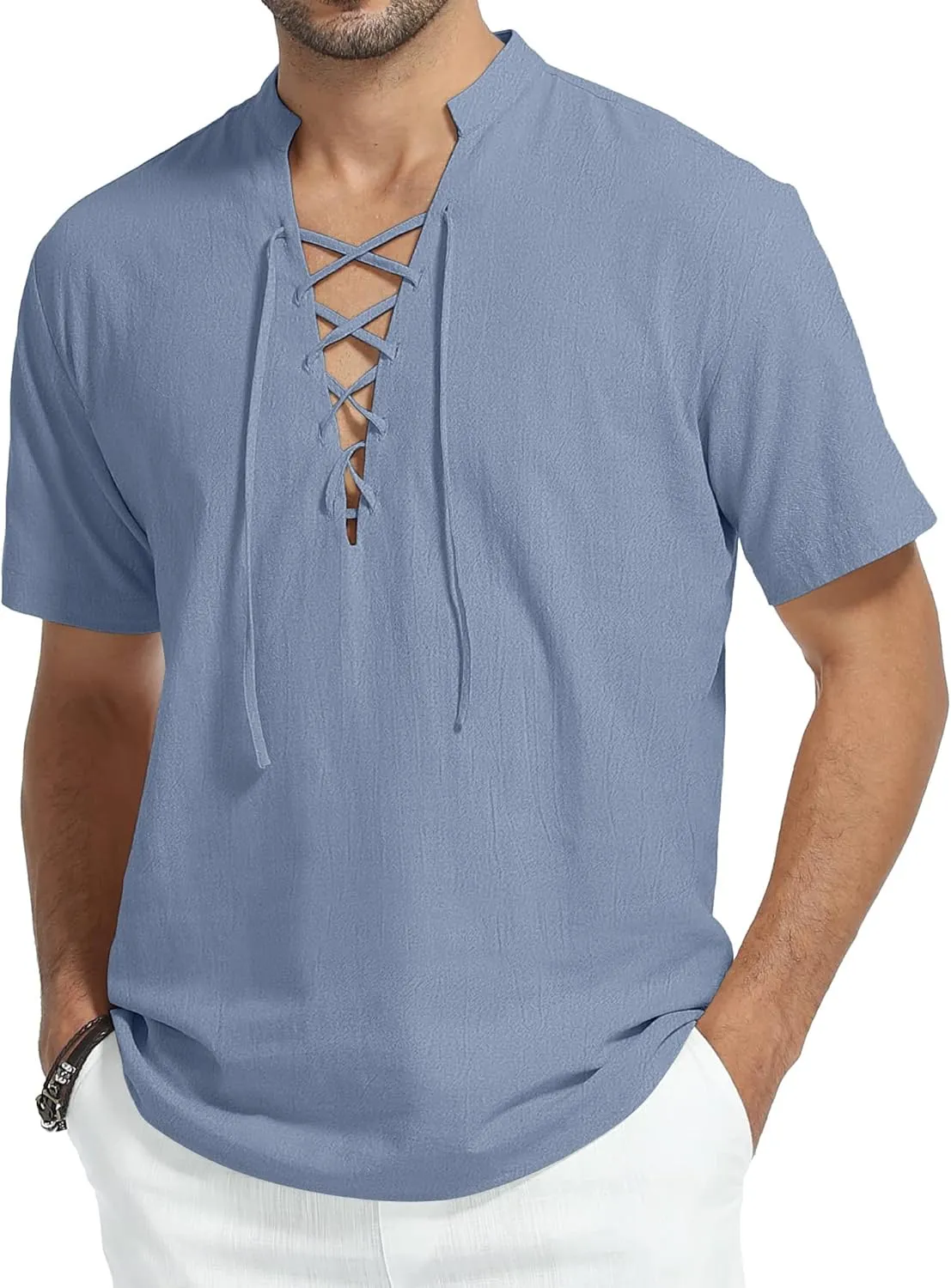 KUYIGO Men's Cotton Linen Shirt Pirate Vintage Short Sleeve Lace Up Renaissance Costume Beach Top