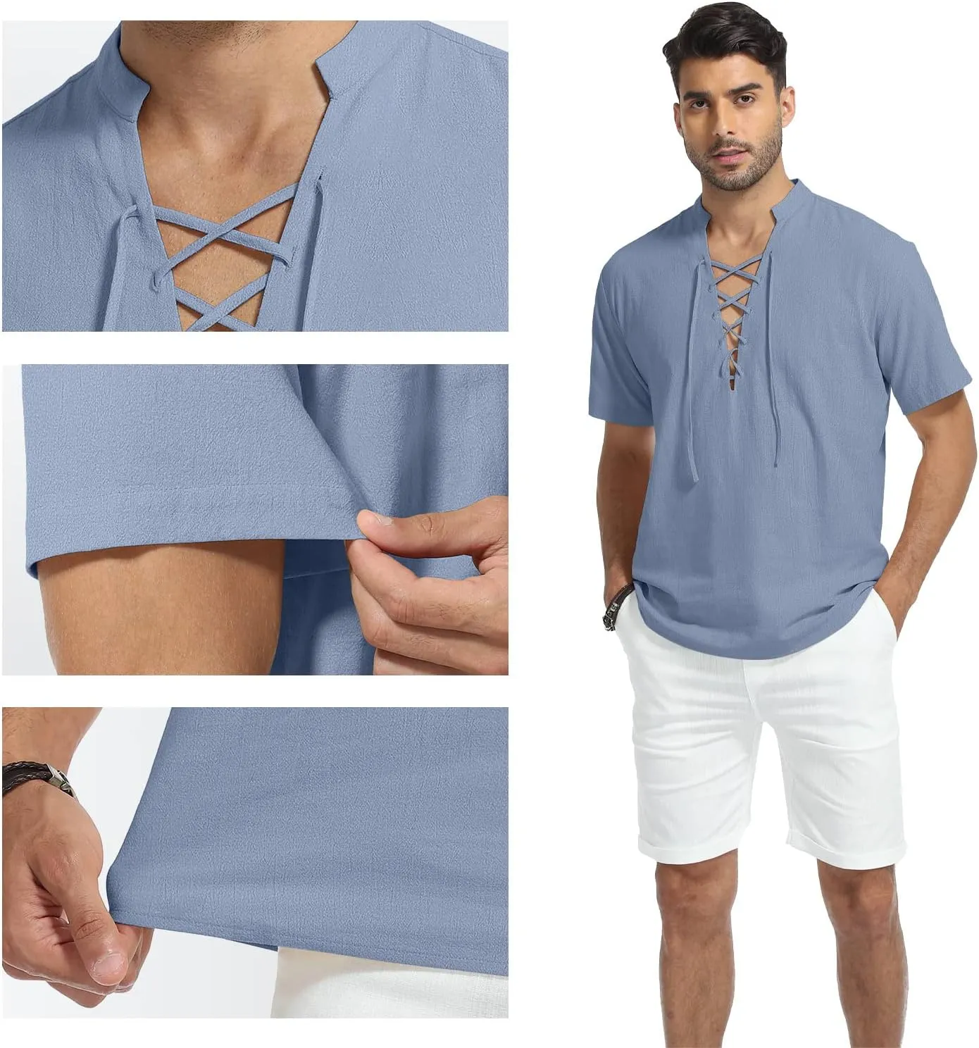 KUYIGO Men's Cotton Linen Shirt Pirate Vintage Short Sleeve Lace Up Renaissance Costume Beach Top