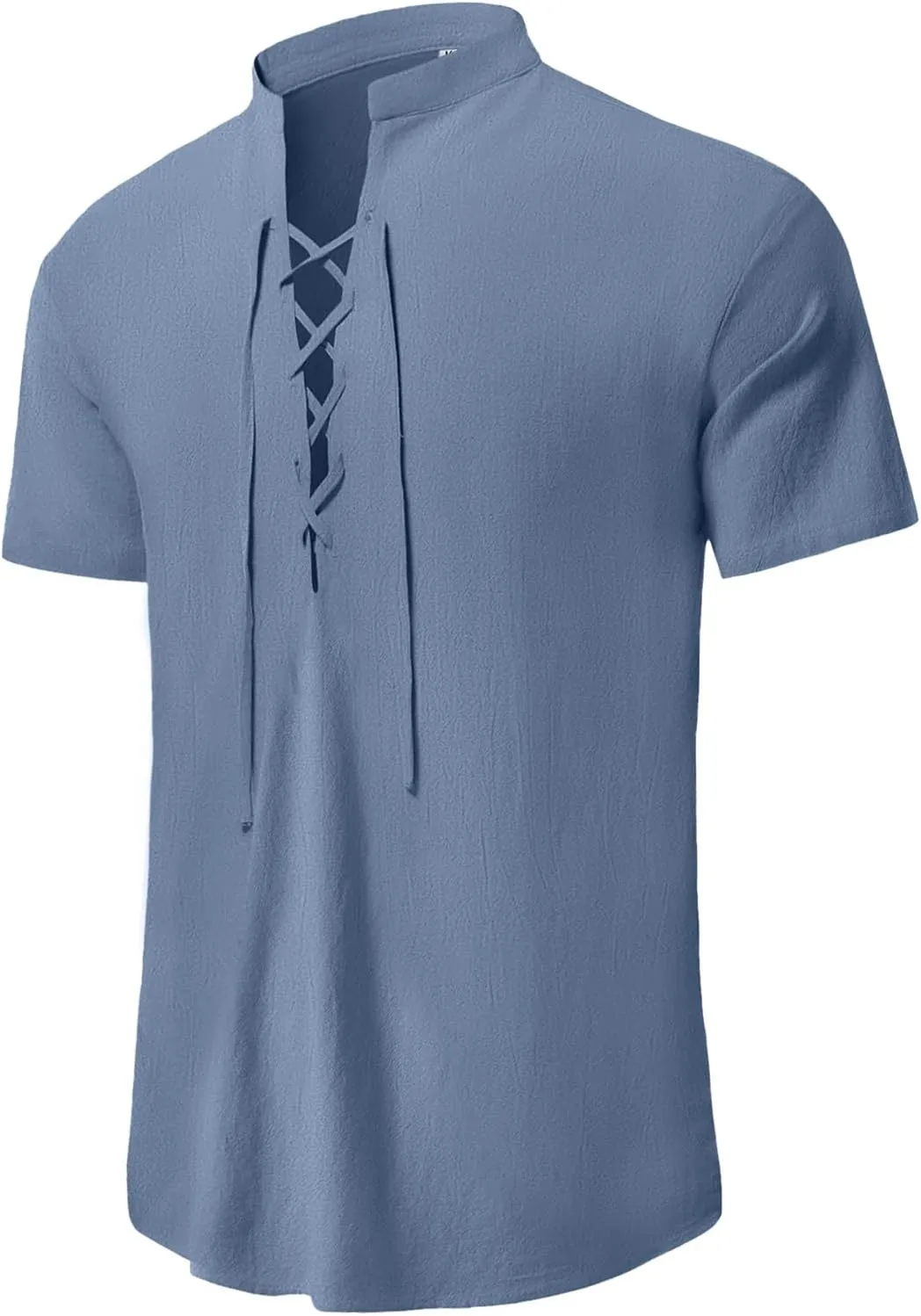 KUYIGO Men's Cotton Linen Shirt Pirate Vintage Short Sleeve Lace Up Renaissance Costume Beach Top