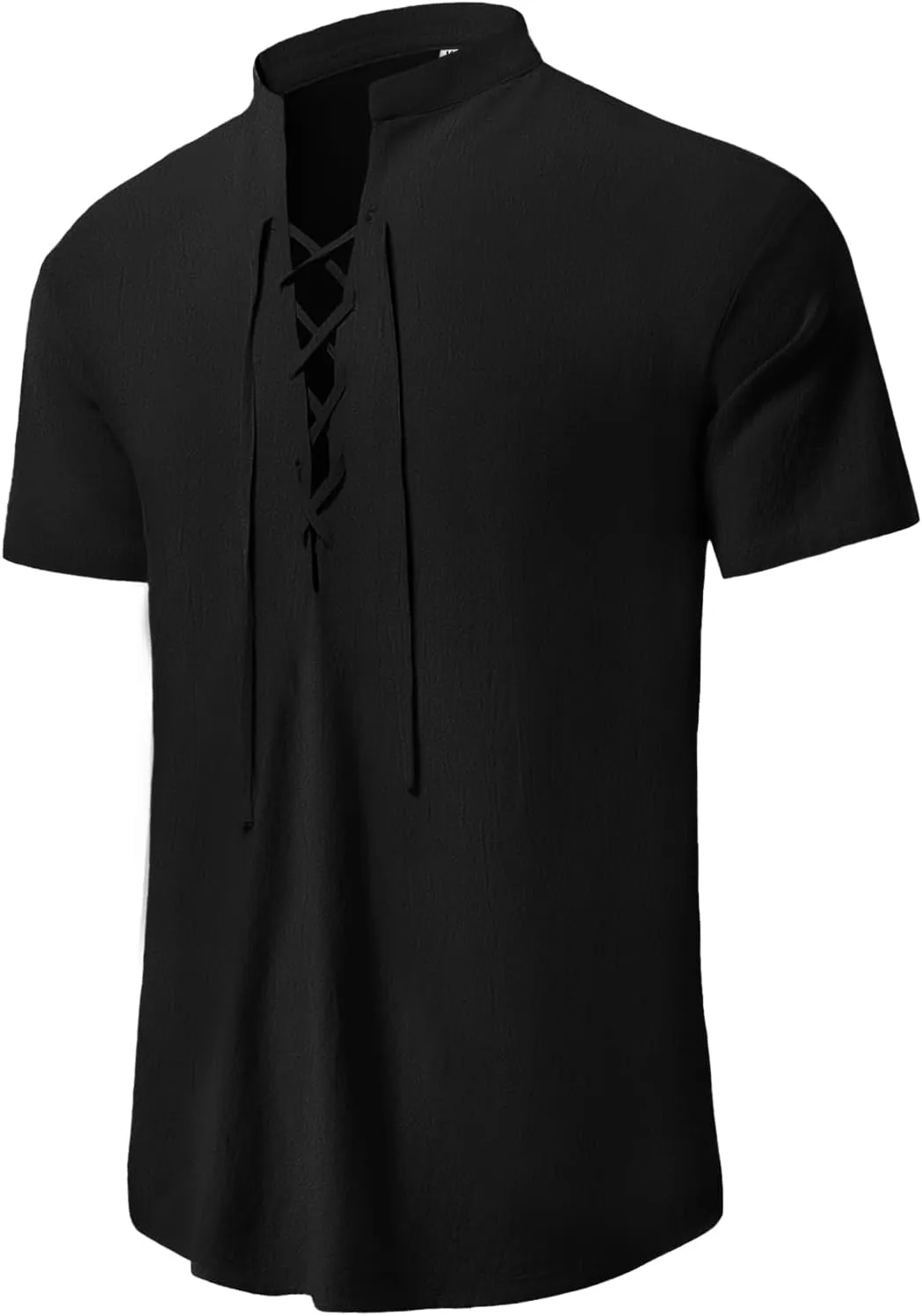 KUYIGO Men's Cotton Linen Shirt Pirate Vintage Short Sleeve Lace Up Renaissance Costume Beach Top