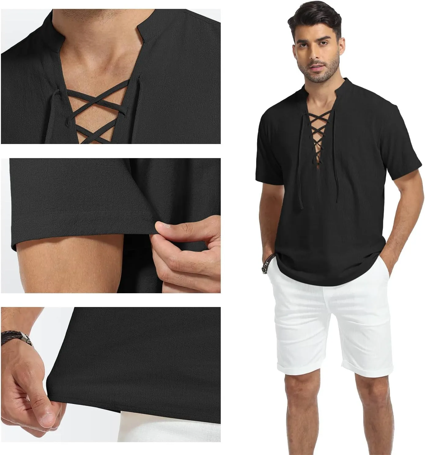 KUYIGO Men's Cotton Linen Shirt Pirate Vintage Short Sleeve Lace Up Renaissance Costume Beach Top