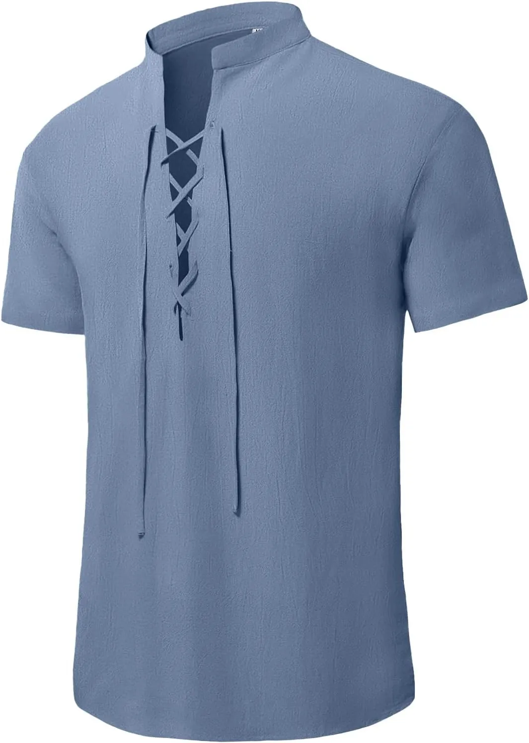 KUYIGO Men's Cotton Linen Shirt Pirate Vintage Short Sleeve Lace Up Renaissance Costume Beach Top