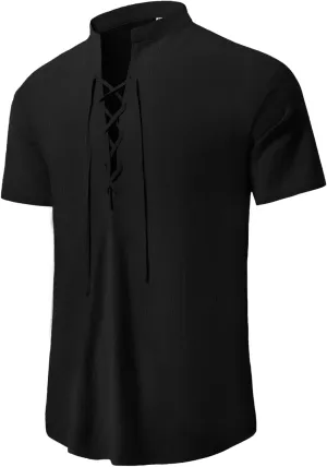 KUYIGO Men's Cotton Linen Shirt Pirate Vintage Short Sleeve Lace Up Renaissance Costume Beach Top